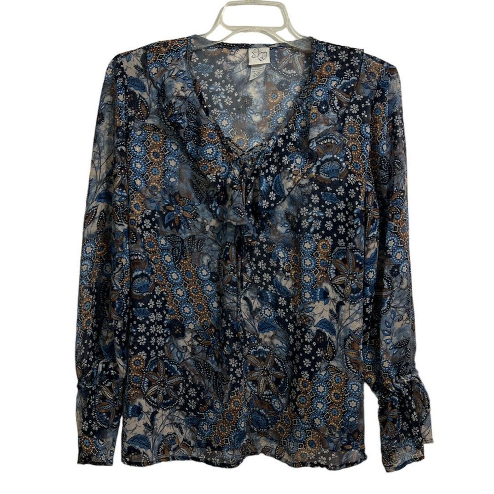 Vintage Sheer Boho Blouse Fashion Bug Ruffled Sleeves Ties In Back | Size L